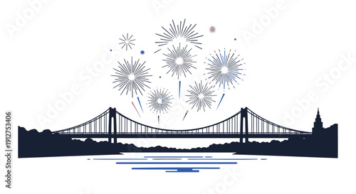 Silhouette of a suspension bridge with fireworks exploding above it, isolated on transparent background