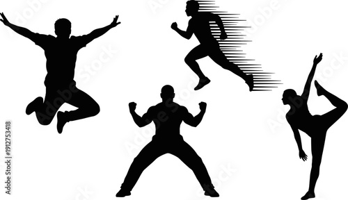 Dynamic athlete silhouettes collection, jumping, sprinting with speed lines, bodybuilding and yoga pose figures, sports fitness vector illustration isolated background