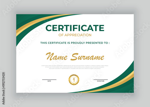 Appreciation Certificate Template, Modern Green and Gold Award Diploma