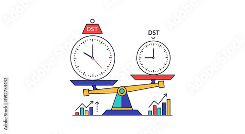 Daylight Saving Time (DST) Clock Comparison on Balance Scale. Seasonal Time Change Weight and Productivity Illustration.