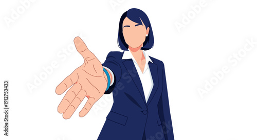 Professional Businesswoman Offering Handshake, Invitation, or Greeting. Conceptual Partnership and Welcome Vector Illustration on White.