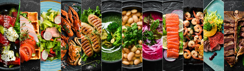 Photo collage. Popular dishes of European cuisine. Food background.