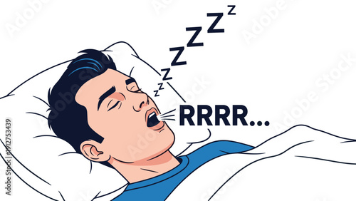 Man sleeping deeply on a white pillow and snoring loudly with multiple letter Z symbols and a loud sound effect representation.