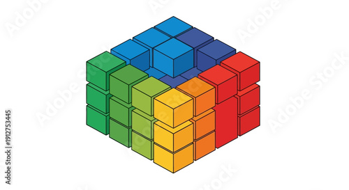 Rainbow 3D Isometric Cube Structure. Abstract vector illustration of interconnected blocks, data processing, and technological systems.