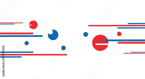 Geometric abstract composition with red, blue and white lines, circles and shapes