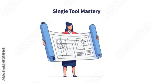 Single Tool Mastery: Expert Architect Woman Unrolling Detailed Blueprint Plan for Strategy and Specialization
