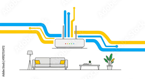 Modern Home Wi-Fi Router and Broadband Connection. High-Speed Internet Data Flow Network Concept in Minimalist Living Room Setting.