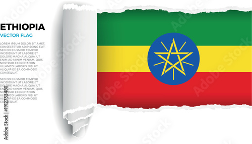 Flag of Ethiopia. Flag revealed through torn paper rolled up on a transparent background