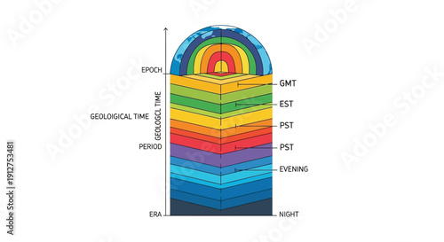 Colorful Geological Time Scale Diagram: Mapping Epochs, Periods, Eras, and Time Zones (GMT, EST, PST) as Layered Strata