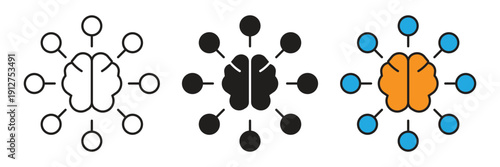 Brain Mapping Icon Vector. Human brain icon with multiple outward branching nodes illustrating mind mapping, brainstorming, and creative thought expansion.