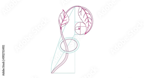 Plant Growth and Leaves Designed with Fibonacci Golden Ratio Spiral. Outline Vector of Nature, Mathematics, and Sacred Geometry.