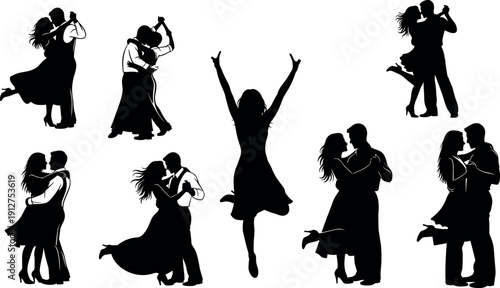 Romantic Couple Dancing Silhouette Set Featuring Ballroom Waltz Tango and Latin Dance Poses for Wedding Invitation Design and Anniversary Greeting Cards