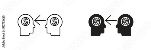 Financial Knowledge Sharing Icon Vector. Profile heads with dollar symbols and an arrow representing financial advice, money management, or investment tips.