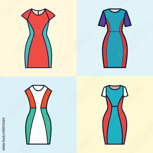 Fashionable Sheath Dress Designs in Flat Design Style vector illustration