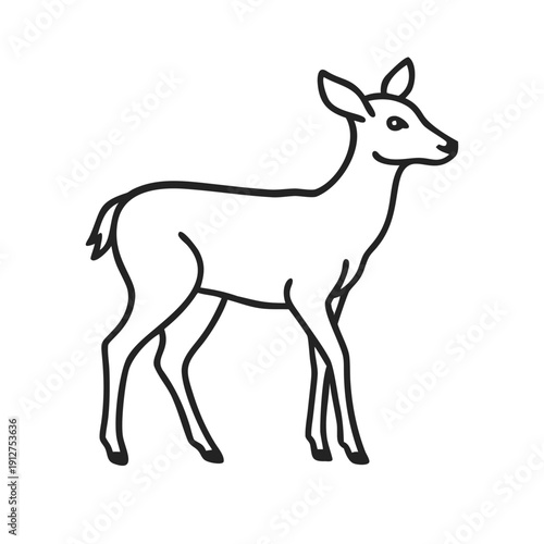 Baby deer line art vector illustration in clean outline style. Side view, isolated on white background.
