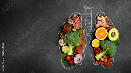 Conceptual image of fruits, vegetables and nuts for lung and breathing health. On black monochrome background. Top view.