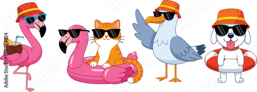 Summer animal cartoon set, flamingo, cat, seagull and dog in sunglasses and hat vector illustration isolated on white background