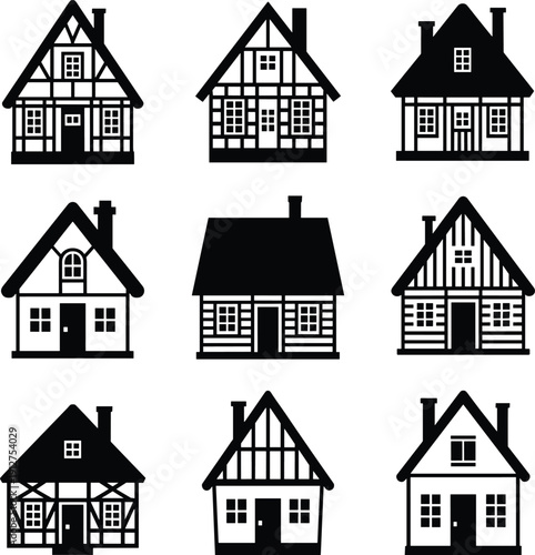 House silhouette icon set with cottage and village home shapes, black residential buildings collection, simple architecture symbols isolated on white background.