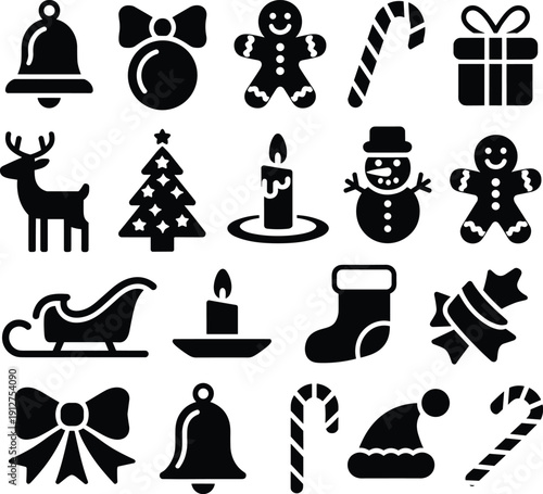Christmas icon set silhouette collection with bell, bow, gingerbread man, candy cane, gift box, reindeer, snowman, candle, stocking and sleigh isolated.