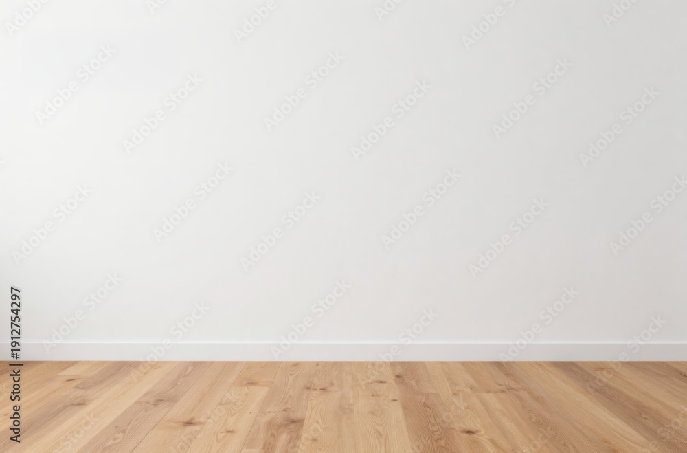Naklejka premium Bright Minimalist Interior: White Wall with Wood Flooring, Clean Backdrop for Product Mockups and Design Presentations