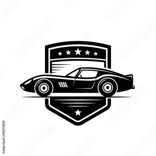 Elegant black and white shield emblem featuring a classic sports car and stars. Ideal for premium automotive brands, clubs, or racing teams.