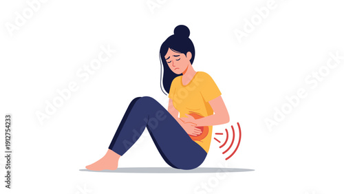 Sad woman sitting on the floor and holding her painful stomach or abdomen area with red wave lines indicating severe discomfort.