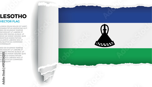 Flag of Lesotho. Flag revealed through torn paper rolled up on a transparent background