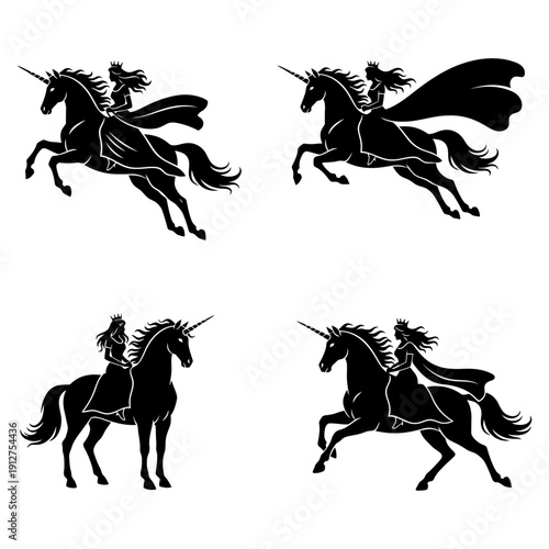  a presses riding unicorn vector silhouette illustrator with white background   
