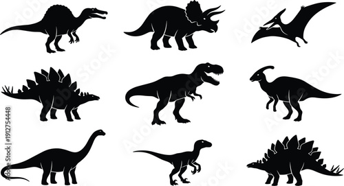 Set of dinosaur silhouettes including T rex, Triceratops, Stegosaurus, Spinosaurus, Brachiosaurus, Velociraptor and Pterodactyl, black prehistoric reptiles icons isolated on white background.