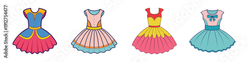 Colorful Tulle Dresses Vector Illustration Set, Flat Design