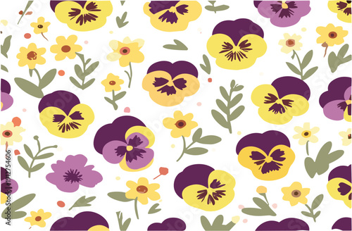 Seamless pansy floral pattern with colorful blooming flowers decorative spring vector illustration background