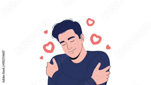Peaceful young man hugging himself with his eyes closed and surrounded by floating red hearts to represent self-care and love.