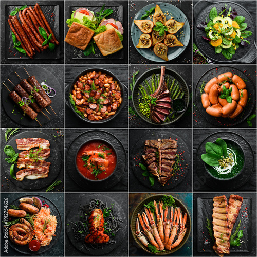 Photo collage of food in plates. Dishes from Meat, Seafood and Vegetables. Top view on black background. Square image for social media.
