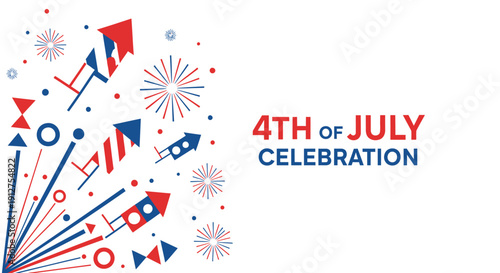 Vector illustration of red, white and blue 4th of July celebration icons with rockets and fireworks on transparent background