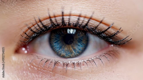 Mesmerizing close-up shot of an eye with striking blue and gold iris and long black lashes opening