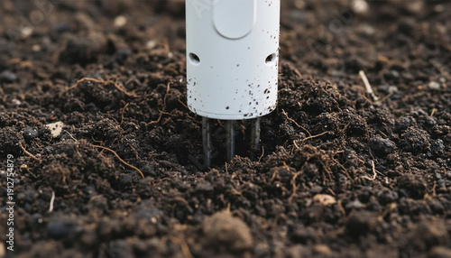 Wallpaper Mural Close-up of smart agriculture soil moisture sensor probe measuring nutrient levels in dark fertile ground, agritech and smart farming concept. Torontodigital.ca
