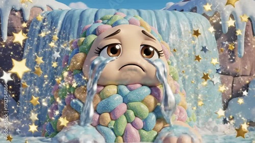 Cute cartoon character with colorful hair and sad face crying in front of a waterfall with sparkling stars in winter