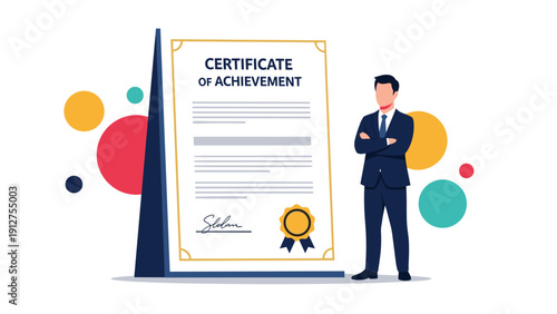 Confident professional man standing next to a large Certificate of Achievement award against a background of colorful circles.