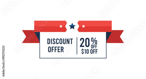 Vector discount offer label with red ribbons and blue star on white background