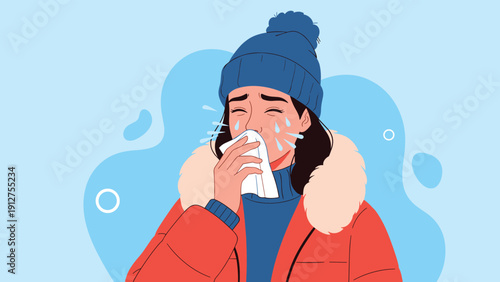 Woman wearing a winter jacket and hat sneezing into a tissue with water droplets around her to represent cold or flu symptoms.