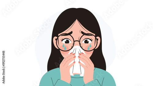 Close up illustration of a woman with glasses blowing her nose with a tissue while tears are visible in her eyes from a cold.