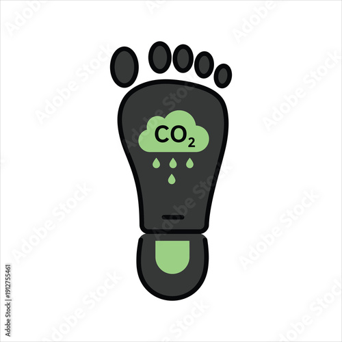 Carbon footprint illustration showing a footprint with a co2 cloud and rain.