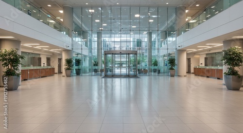 Spacious modern corporate office lobby interior, featuring sleek glass architecture and polished floors, representing professionalism and contemporary design