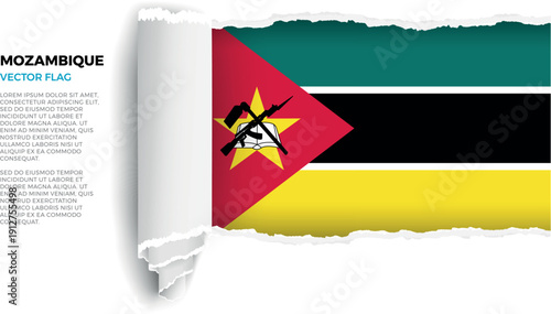 Flag of Mozambique. Flag revealed through torn paper rolled up on a transparent background