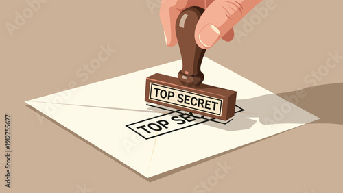 Human hand pressing a wooden stamp with the words Top Secret onto a white envelope to represent confidential information.
