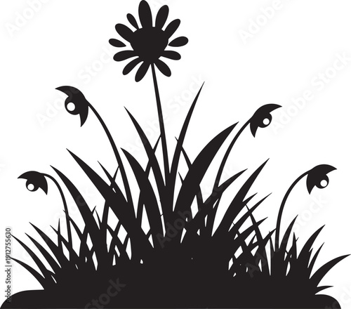 Whimsical Flower with Eyes in Grass Field Silhouette.