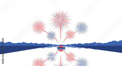 Vector illustration of red and blue fireworks exploding over a dark blue city skyline at night isolated on transparent background