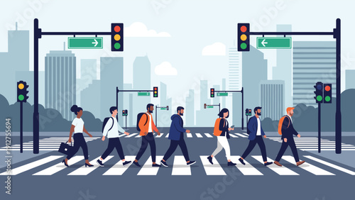 Diverse group of people crossing a city street at a crosswalk with traffic lights and skyscrapers in the background during the day.