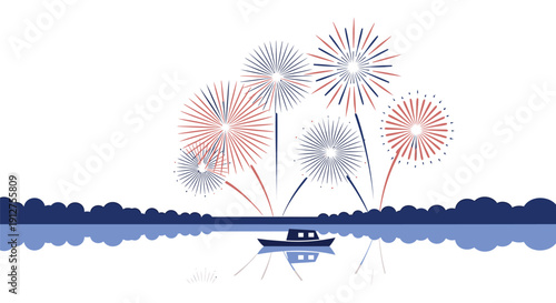 Vector illustration of a small boat on water with vibrant red, white, and blue fireworks exploding above, isolated on transparent background
