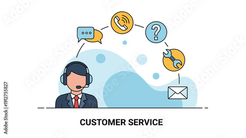 Professional customer service representative wearing a headset with icons representing chat, phone, email, help, and repair above him.